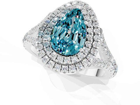 White gold Pear Cut Blue Topaz Double Halo Ring with Split Shank and Prong Setting_13