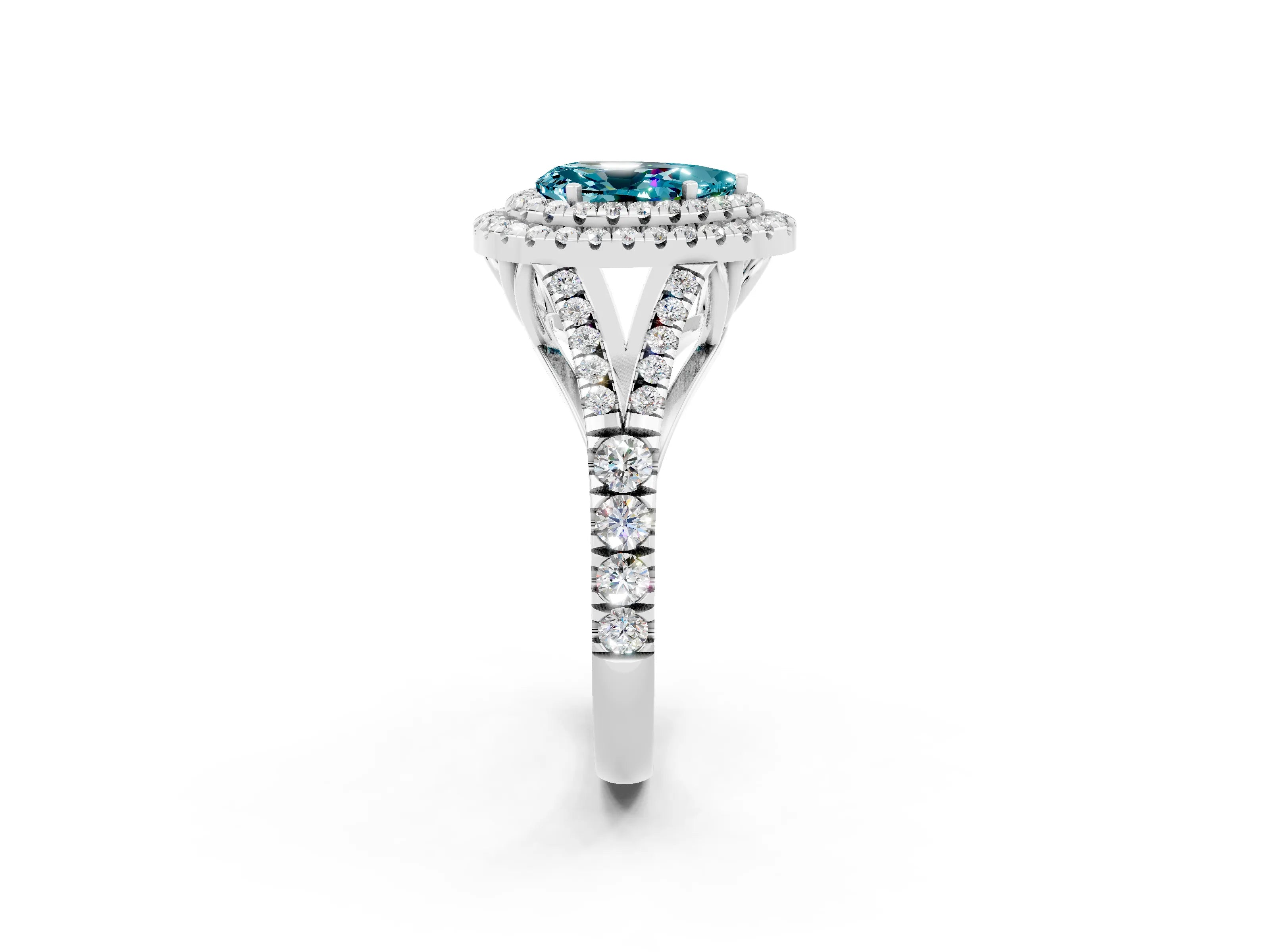 White gold Pear Cut Blue Topaz Double Halo Ring with Split Shank and Prong Setting_14