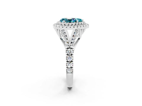 White gold Pear Cut Blue Topaz Double Halo Ring with Split Shank and Prong Setting_14