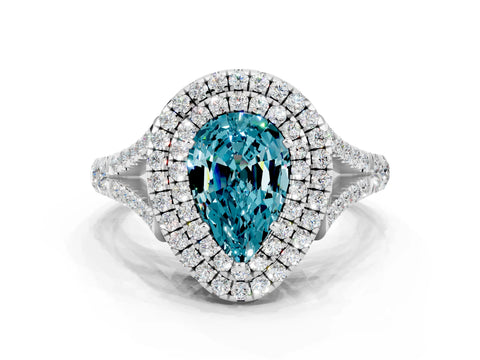 White gold Pear Cut Blue Topaz Double Halo Ring with Split Shank and Prong Setting_24