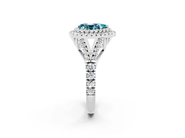 White gold Pear Cut Blue Topaz Double Halo Ring with Split Shank and Prong Setting