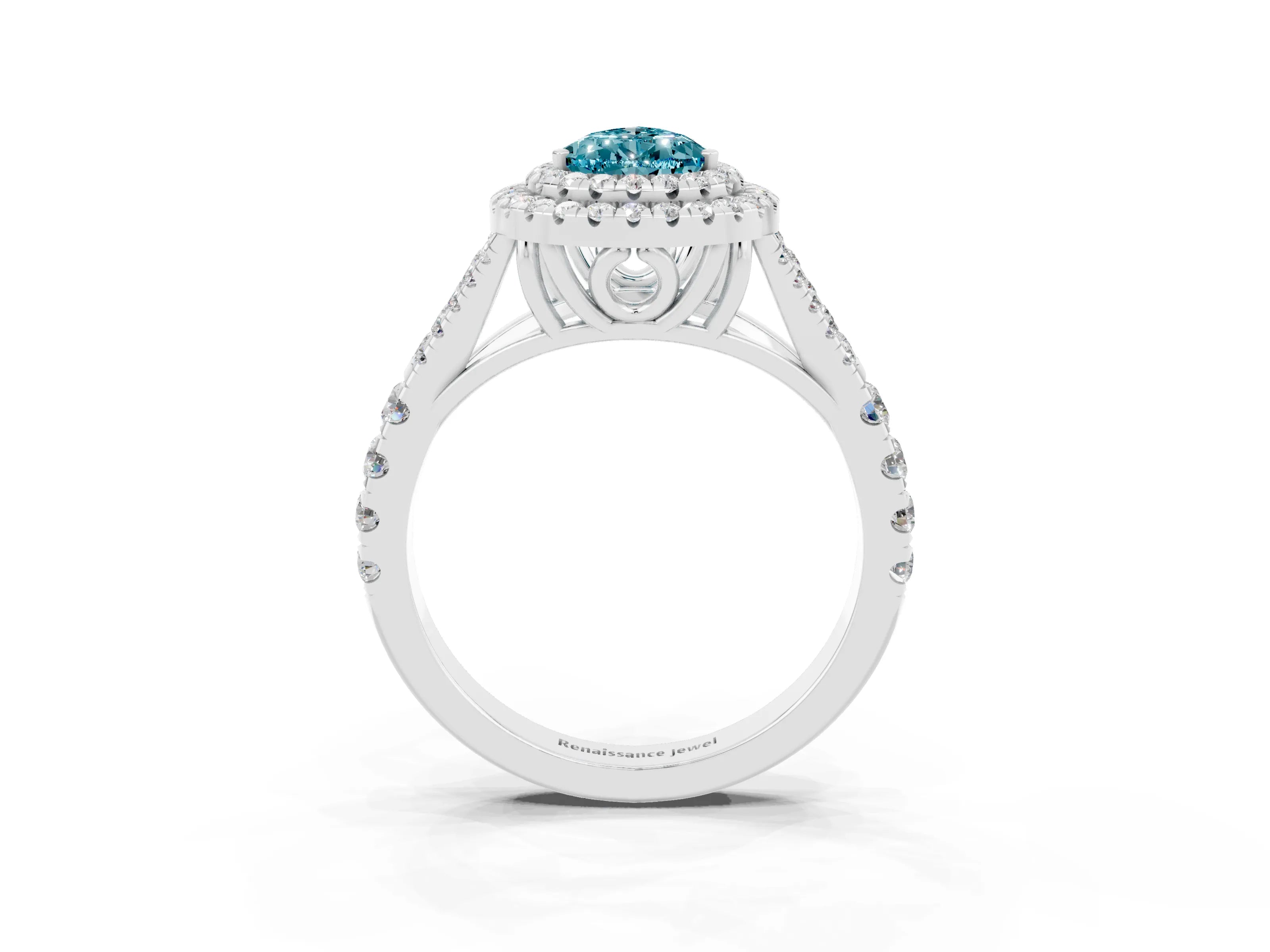 White gold Pear Cut Blue Topaz Double Halo Ring with Split Shank and Prong Setting_27