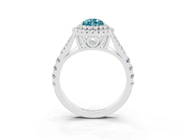 White gold Pear Cut Blue Topaz Double Halo Ring with Split Shank and Prong Setting