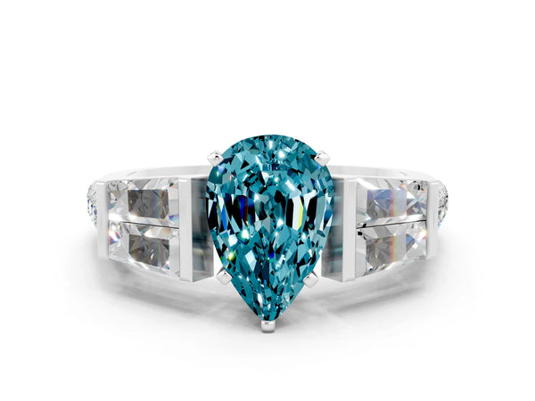 Platinum Pear Cut Blue Topaz Engagement Ring with Baguette Side Stones and Channel Set Band
