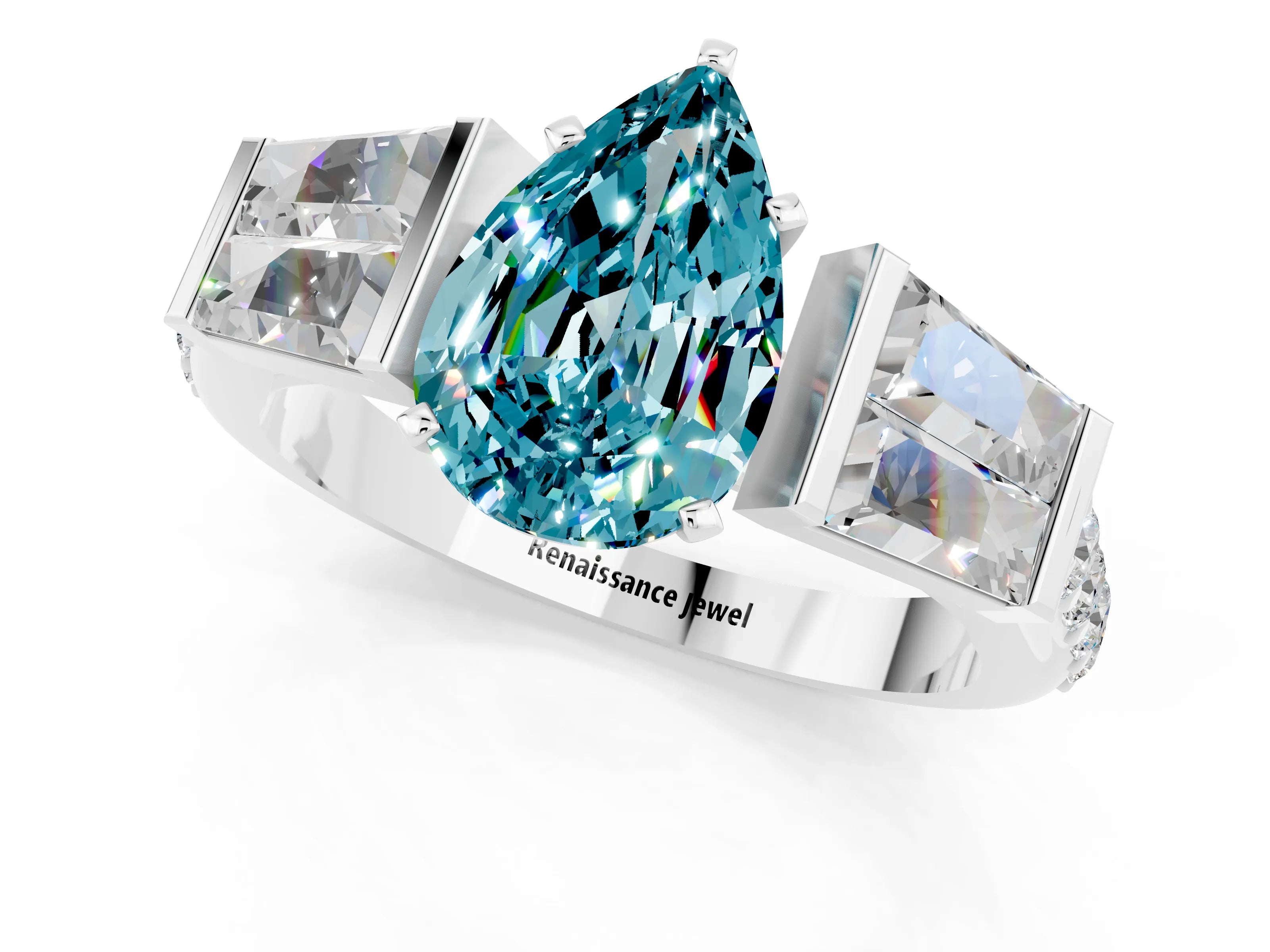 White gold Pear Cut Blue Topaz Engagement Ring with Baguette Side Stones and Channel Set Band_1