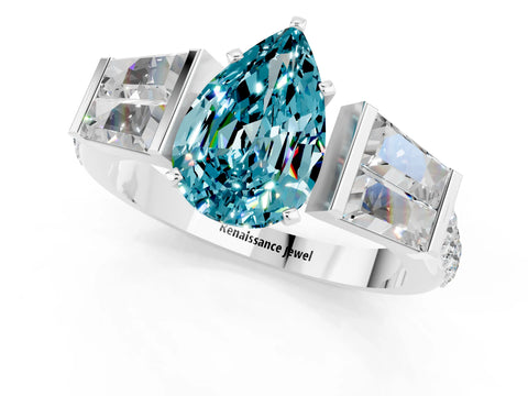 White gold Pear Cut Blue Topaz Engagement Ring with Baguette Side Stones and Channel Set Band_1