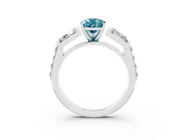 Platinum Pear Cut Blue Topaz Engagement Ring with Baguette Side Stones and Channel Set Band