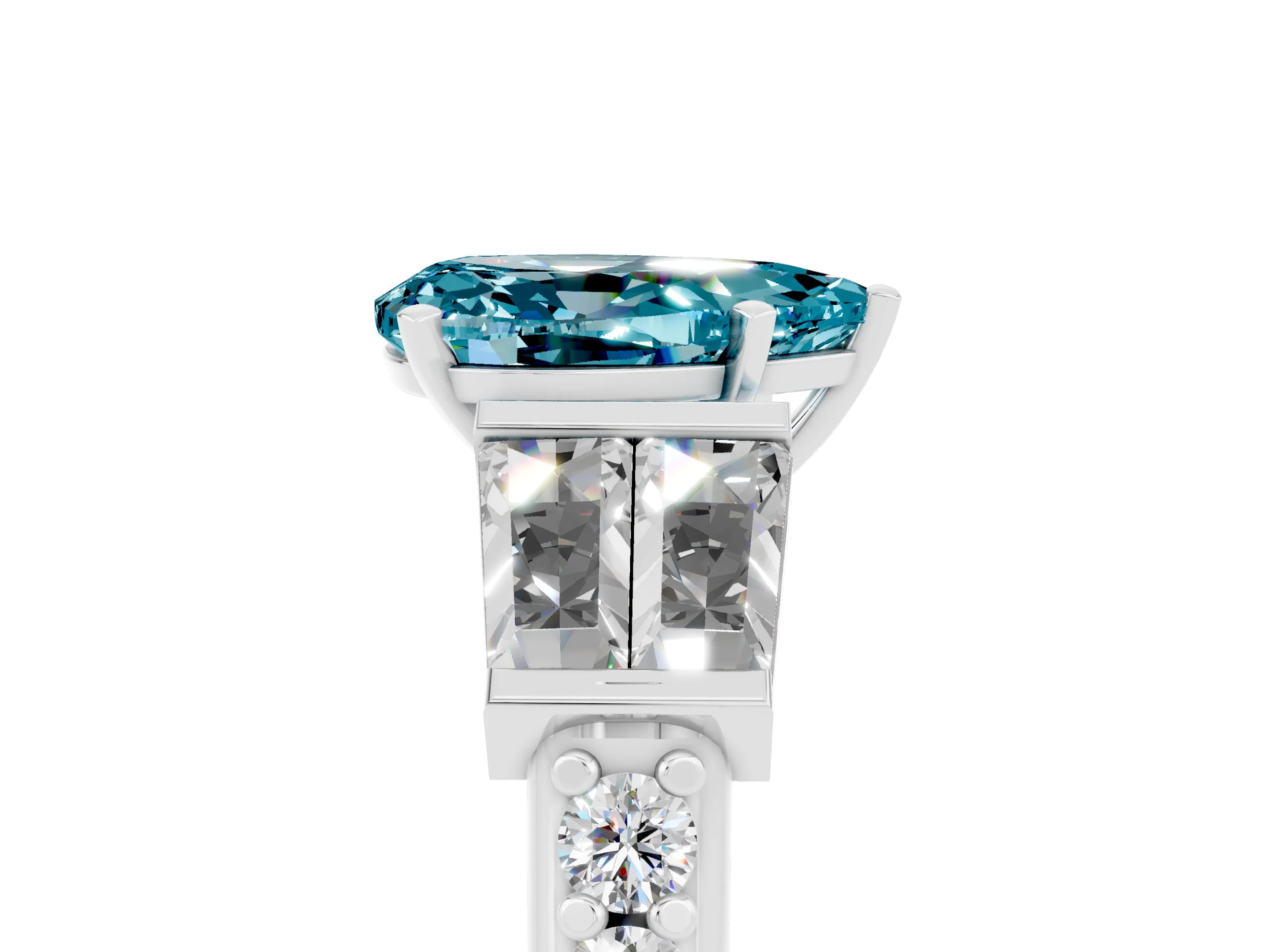 White gold Pear Cut Blue Topaz Engagement Ring with Baguette Side Stones and Channel Set Band_5