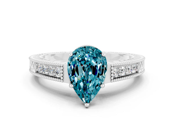Platinum Pear Cut Blue Topaz Engagement Ring with Milgrain Channel Set Band and Prong Setting