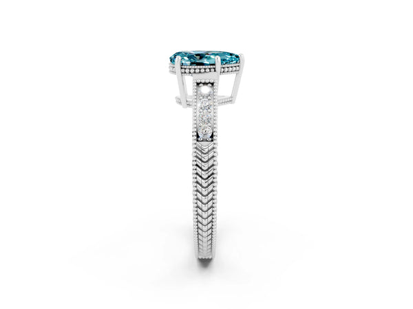 White gold Pear Cut Blue Topaz Engagement Ring with Milgrain Channel Set Band and Prong Setting