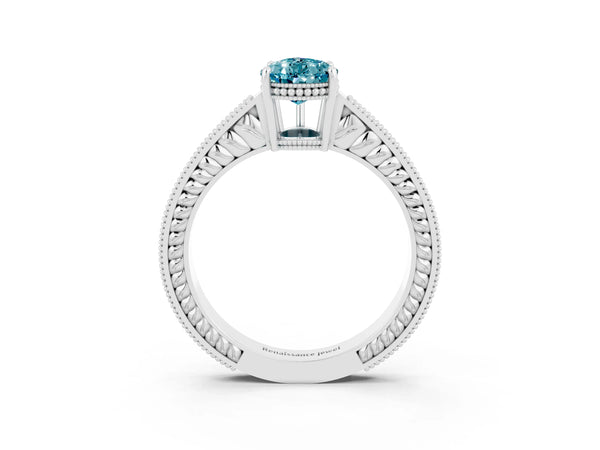 White gold Pear Cut Blue Topaz Engagement Ring with Milgrain Channel Set Band and Prong Setting