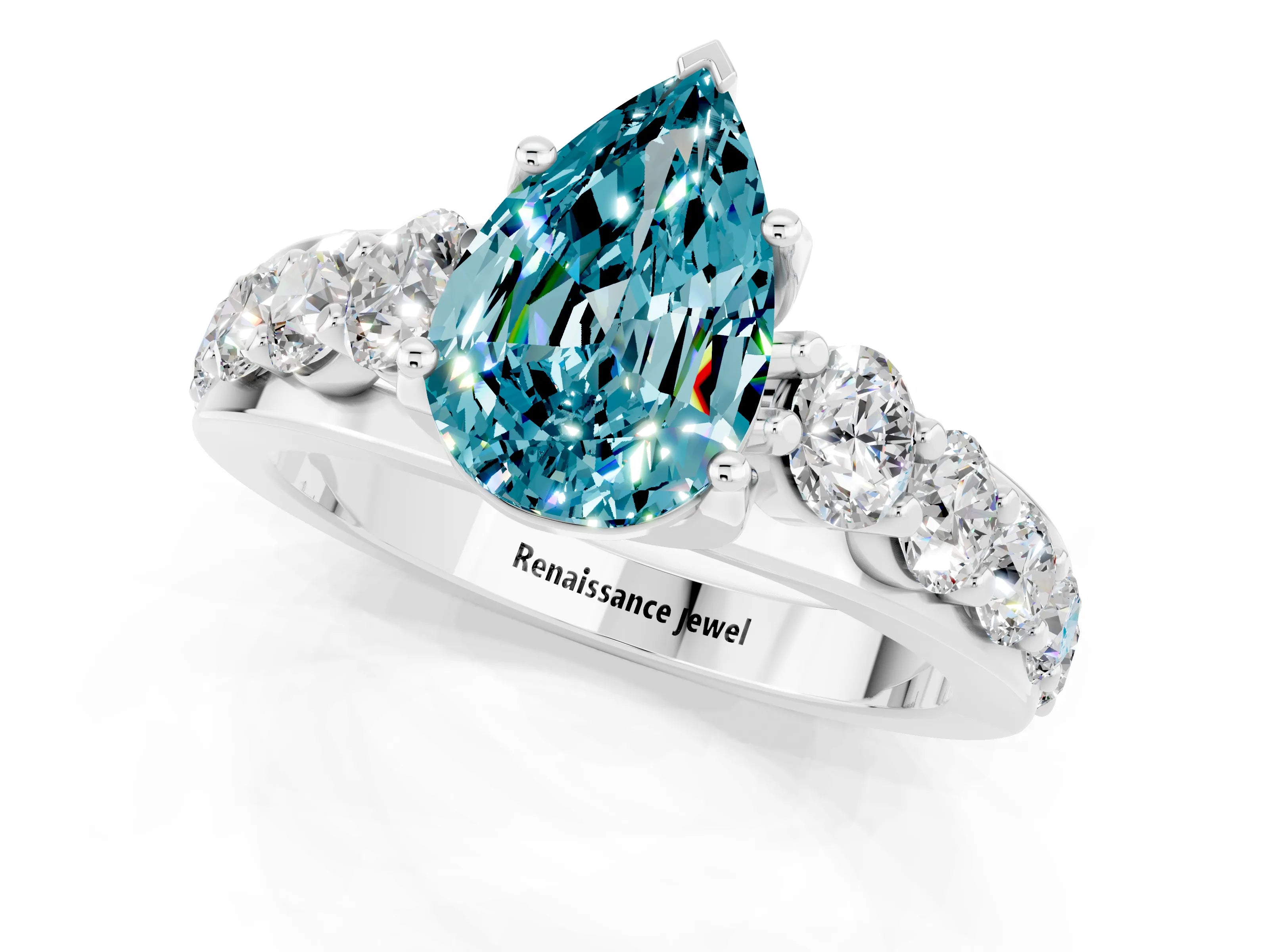 White gold Pear Cut Blue Topaz Engagement Ring with Pavé Band and Four-Prong Setting_1