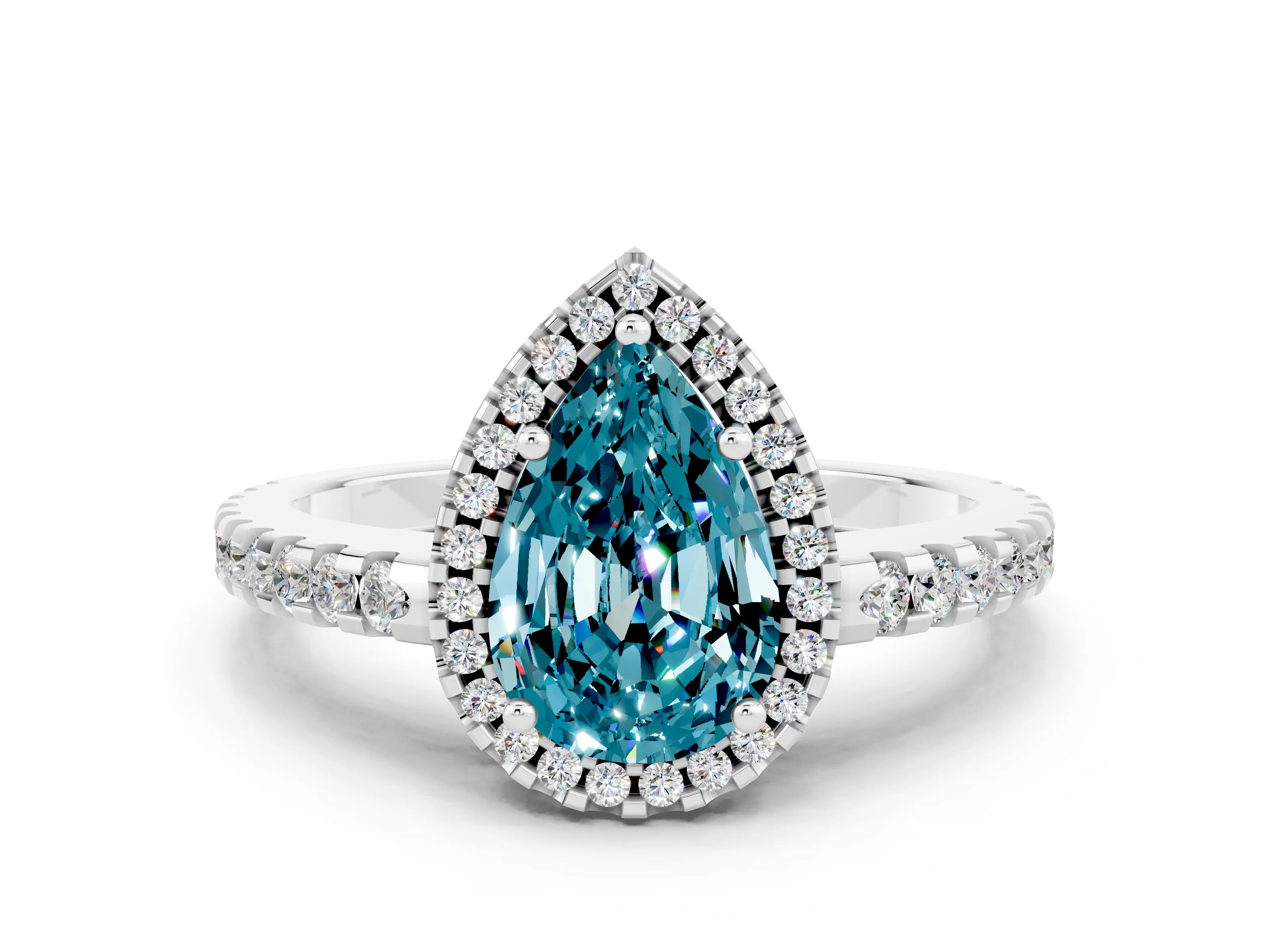 White gold Pear Cut Blue Topaz Halo Engagement Ring with Pavé Band and Prong Setting_12