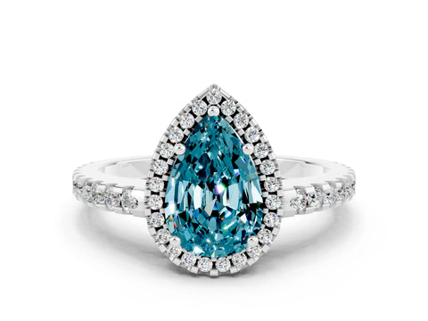 White gold Pear Cut Blue Topaz Halo Engagement Ring with Pavé Band and Prong Setting_12