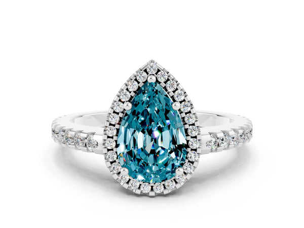 Silver Pear Cut Blue Topaz Halo Engagement Ring with Pavé Band and Prong Setting