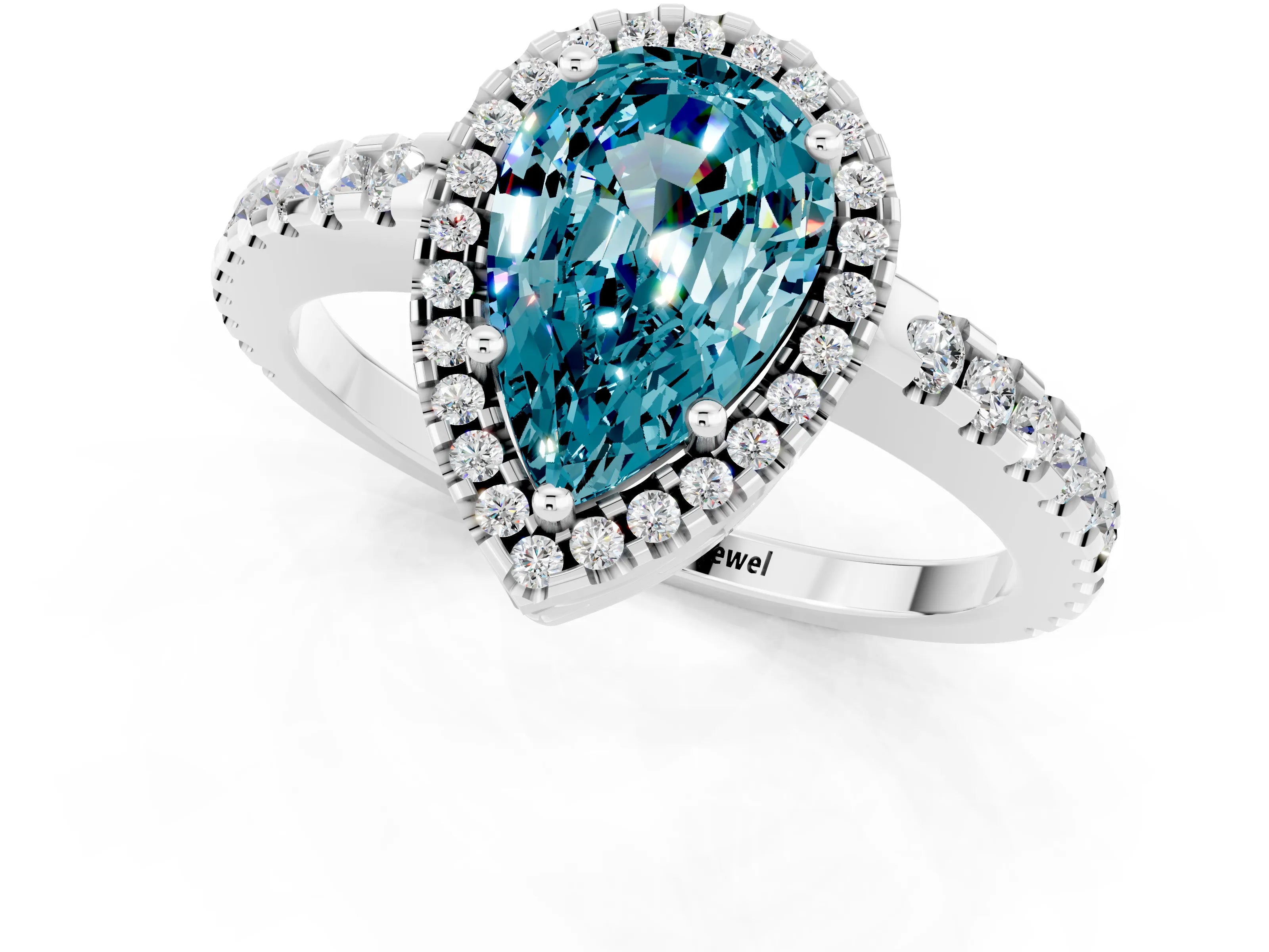 White gold Pear Cut Blue Topaz Halo Engagement Ring with Pavé Band and Prong Setting_13