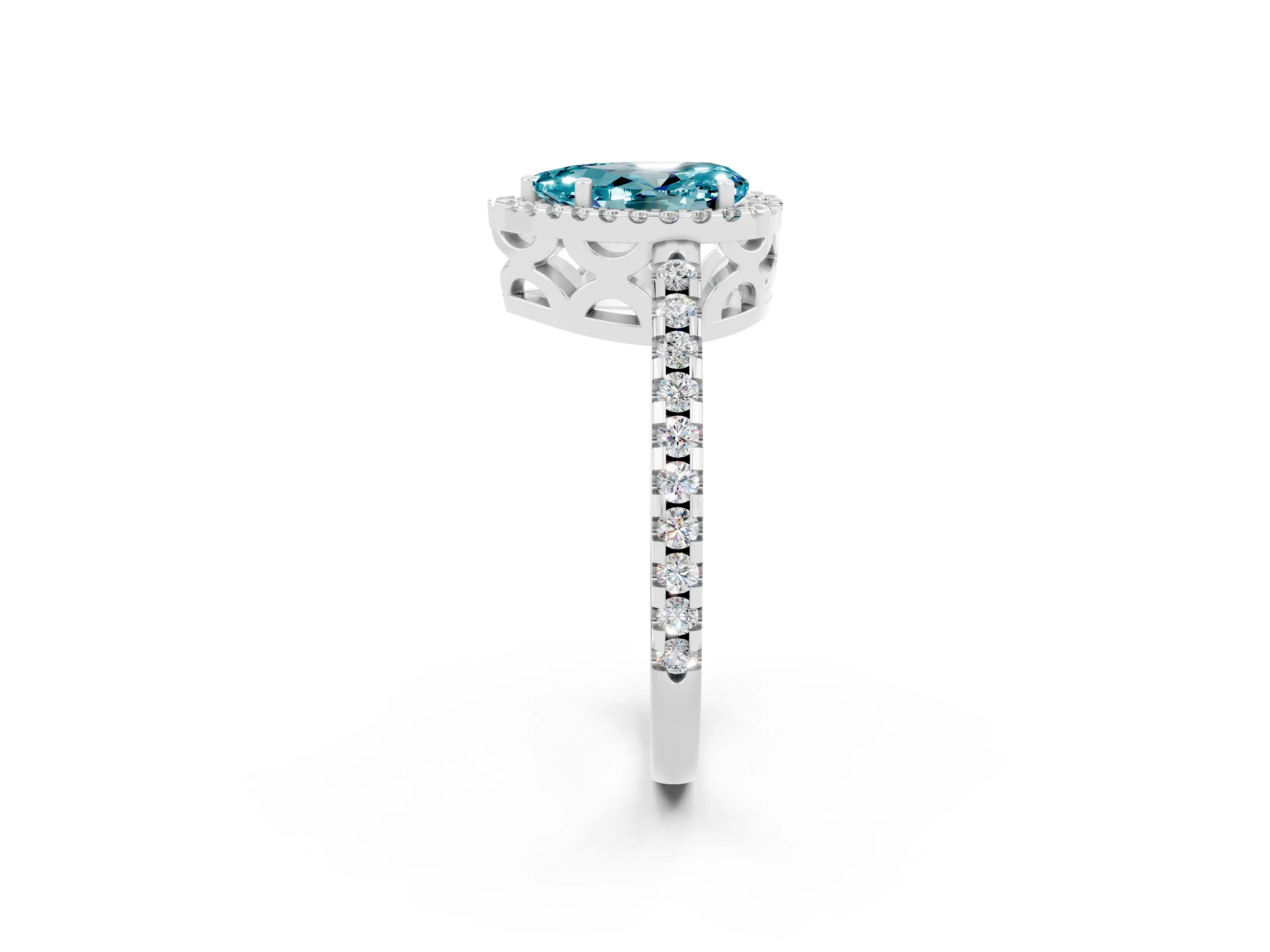 White gold Pear Cut Blue Topaz Halo Engagement Ring with Pavé Band and Prong Setting_14