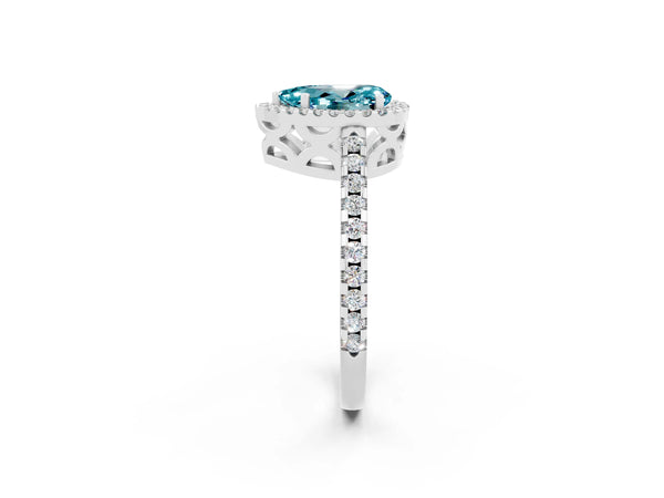 White gold Pear Cut Blue Topaz Halo Engagement Ring with Pavé Band and Prong Setting