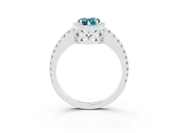 Silver Pear Cut Blue Topaz Halo Engagement Ring with Pavé Band and Prong Setting