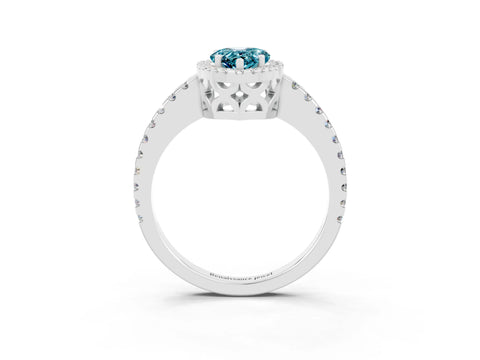 White gold Pear Cut Blue Topaz Halo Engagement Ring with Pavé Band and Prong Setting_15