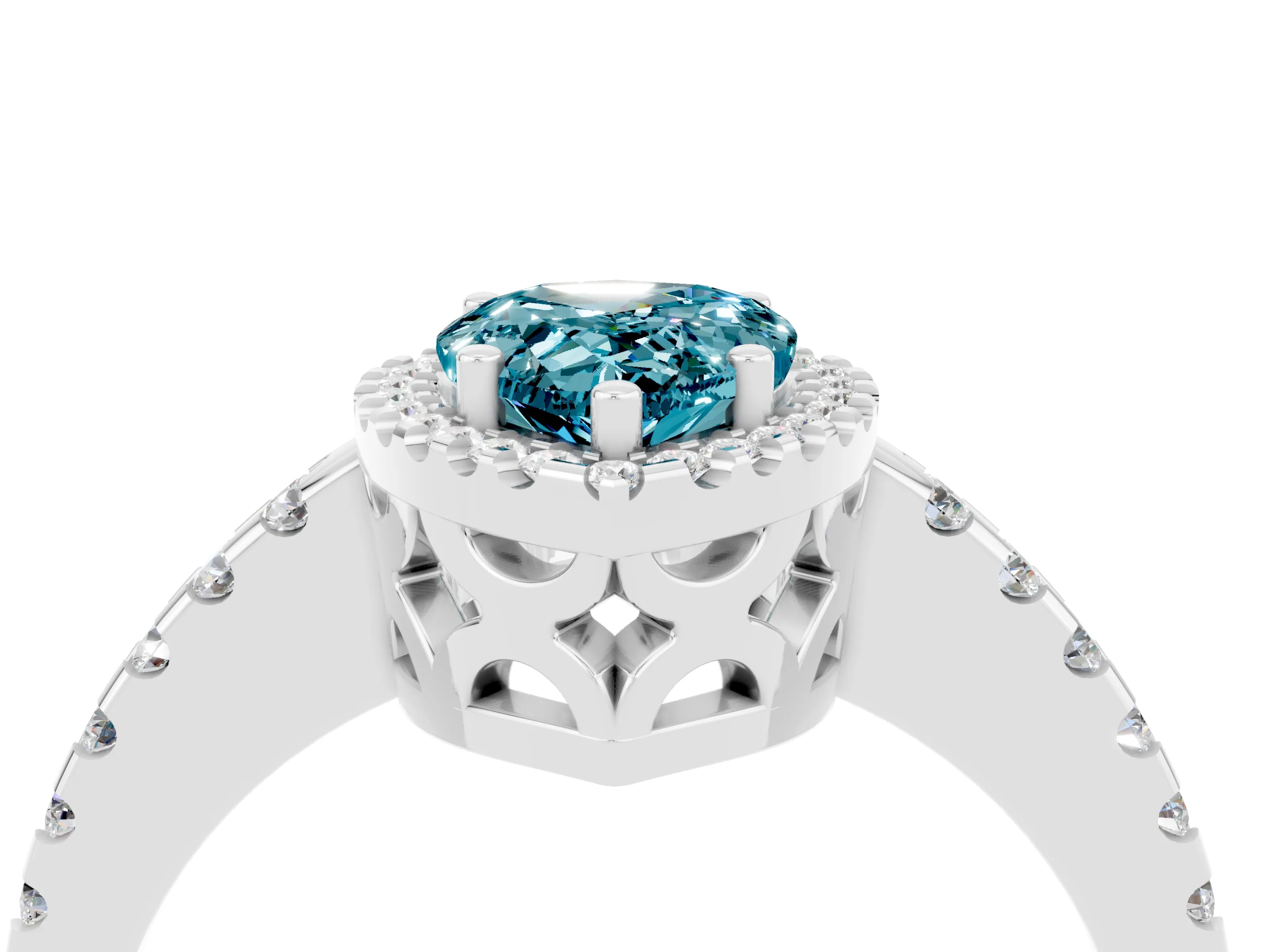 White gold Pear Cut Blue Topaz Halo Engagement Ring with Pavé Band and Prong Setting_16