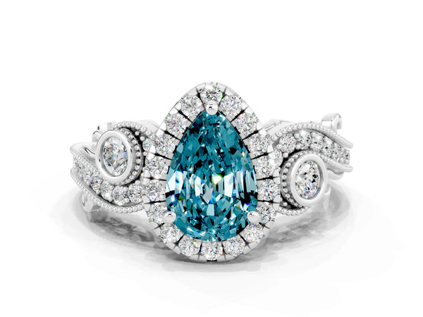 Platinum Pear Cut Blue Topaz Halo Ring with Milgrain Pavé Band and Four-Prong Setting