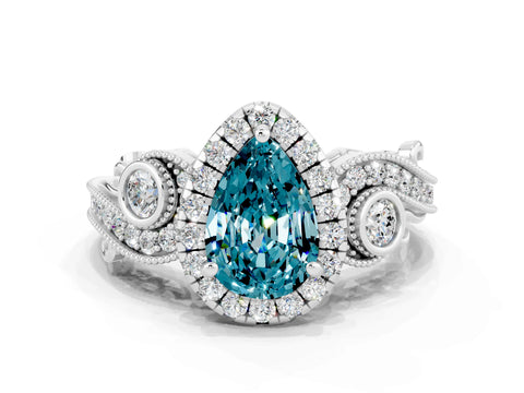 White gold Pear Cut Blue Topaz Halo Ring with Milgrain Pavé Band and Four-Prong Setting_12