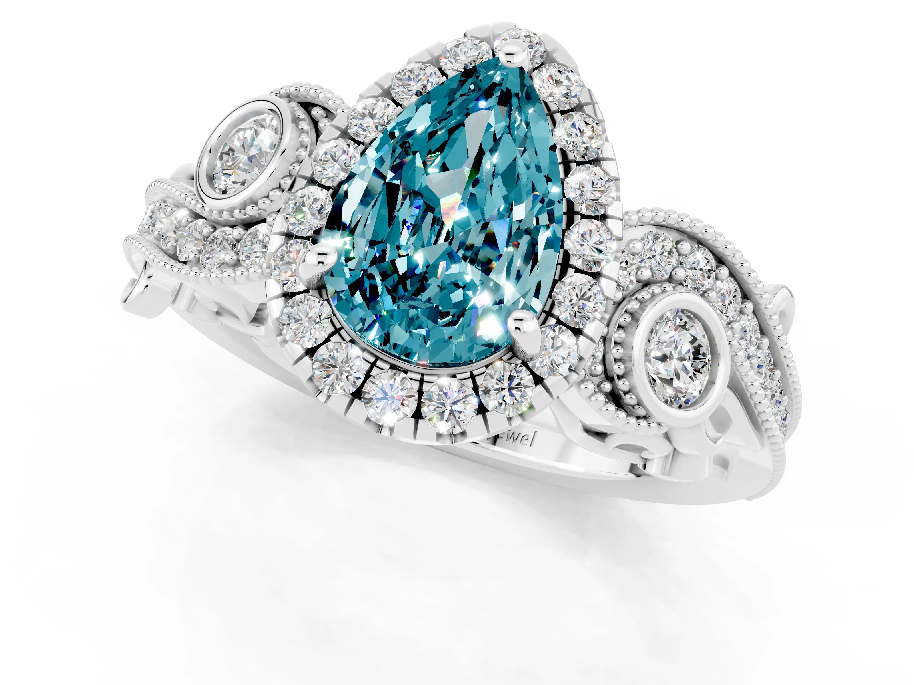White gold Pear Cut Blue Topaz Halo Ring with Milgrain Pavé Band and Four-Prong Setting_13