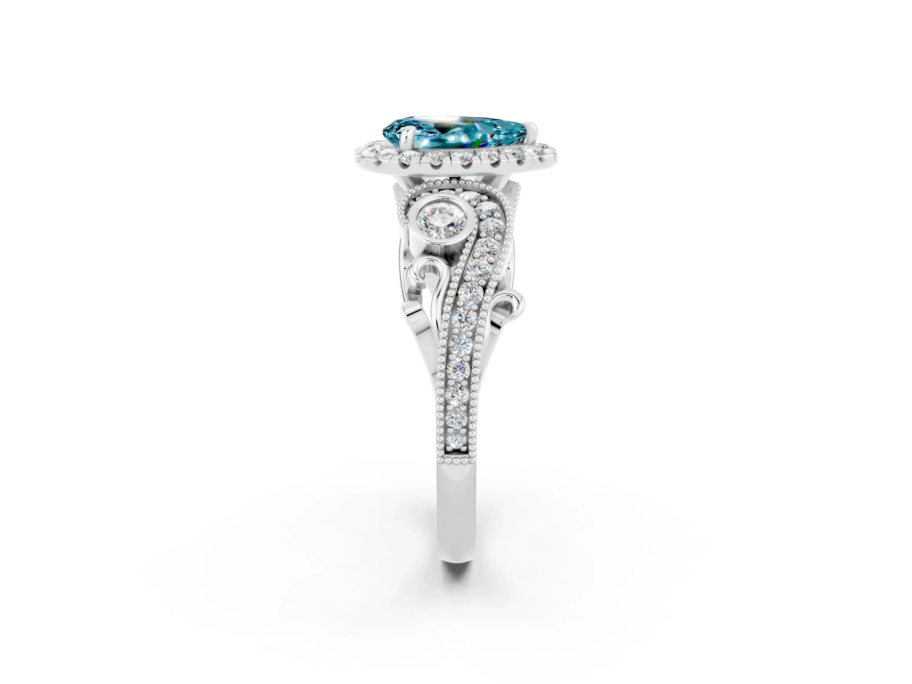 White gold Pear Cut Blue Topaz Halo Ring with Milgrain Pavé Band and Four-Prong Setting_14