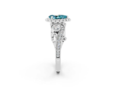 White gold Pear Cut Blue Topaz Halo Ring with Milgrain Pavé Band and Four-Prong Setting_14