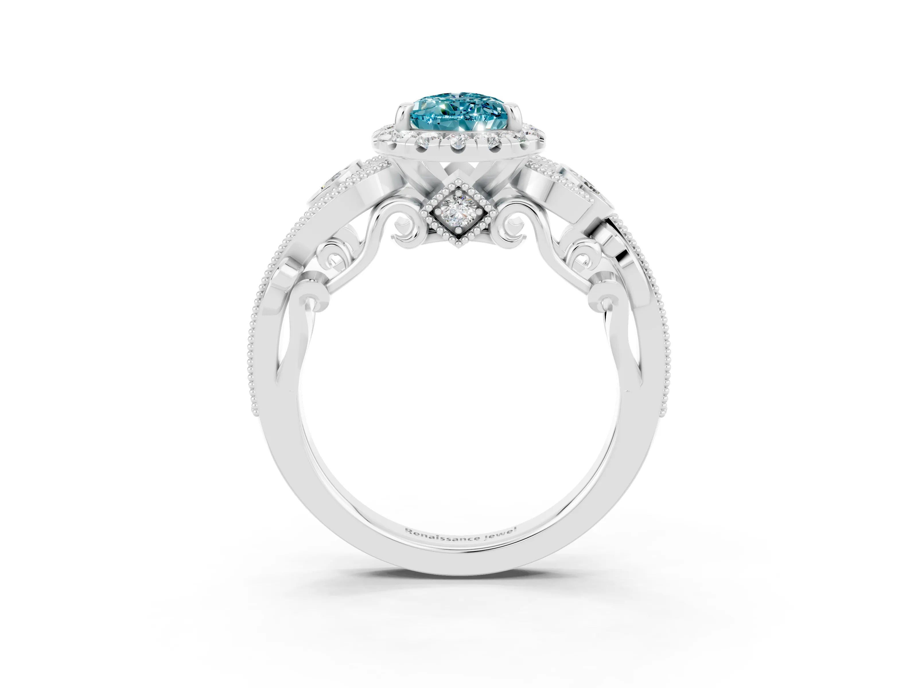 White gold Pear Cut Blue Topaz Halo Ring with Milgrain Pavé Band and Four-Prong Setting_15