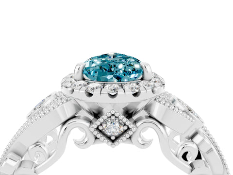 White gold Pear Cut Blue Topaz Halo Ring with Milgrain Pavé Band and Four-Prong Setting_16