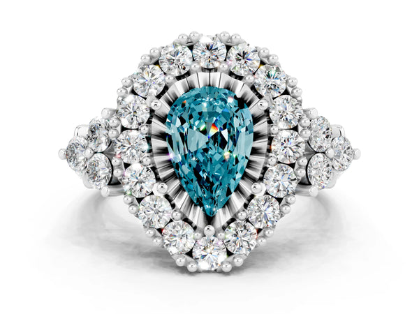 Platinum Pear Cut Blue Topaz Halo Ring with Pavé Band and Four-Prong Setting