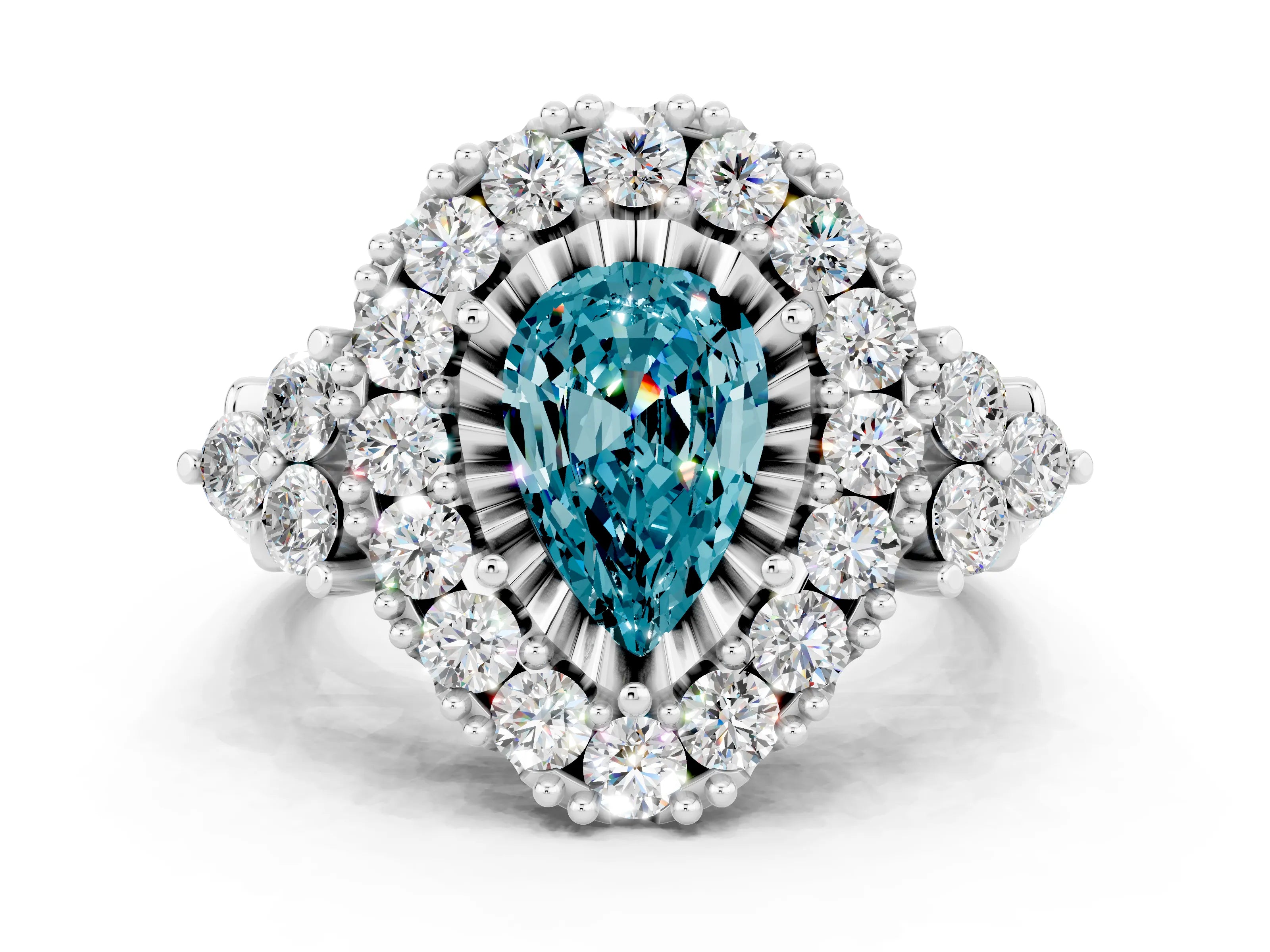 White gold Pear Cut Blue Topaz Halo Ring with Pavé Band and Four-Prong Setting_12