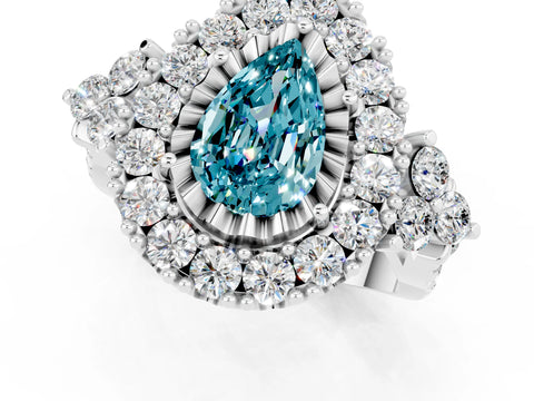 White gold Pear Cut Blue Topaz Halo Ring with Pavé Band and Four-Prong Setting_13