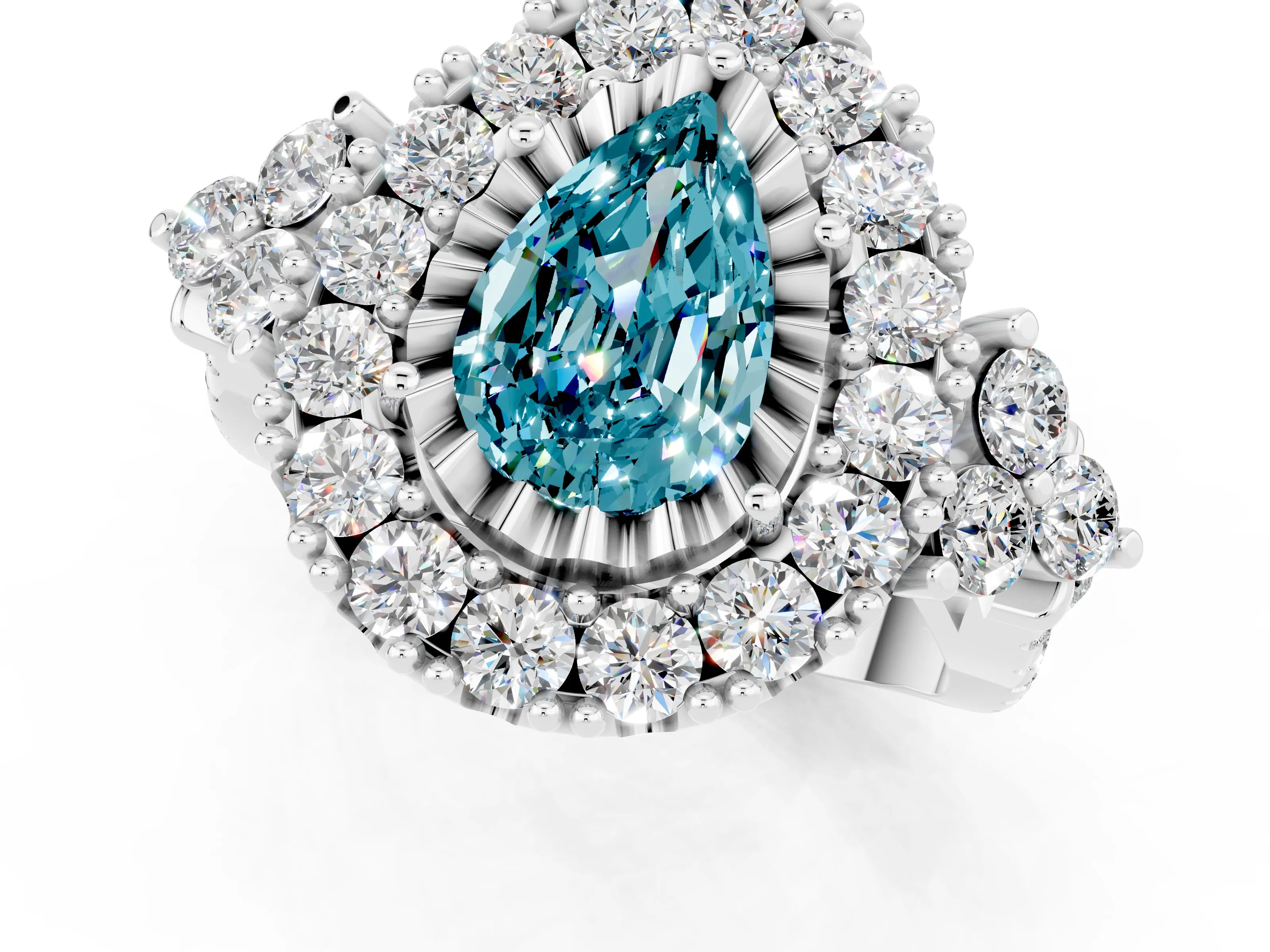White gold Pear Cut Blue Topaz Halo Ring with Pavé Band and Four-Prong Setting_13