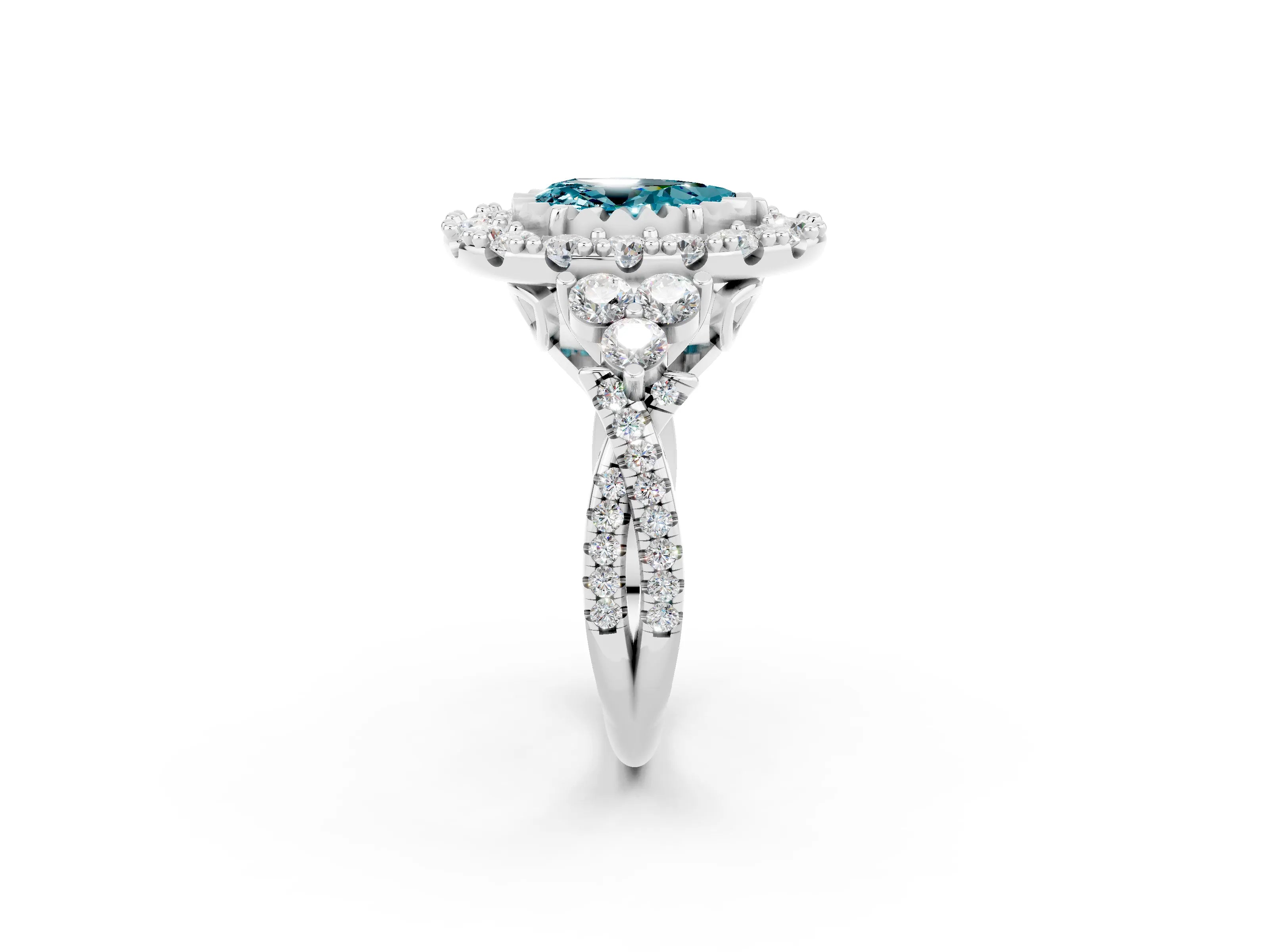 White gold Pear Cut Blue Topaz Halo Ring with Pavé Band and Four-Prong Setting_14