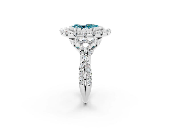 White gold Pear Cut Blue Topaz Halo Ring with Pavé Band and Four-Prong Setting