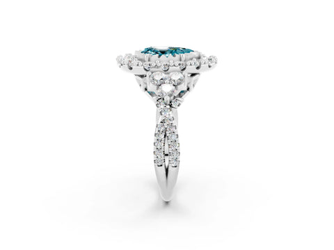 White gold Pear Cut Blue Topaz Halo Ring with Pavé Band and Four-Prong Setting_14