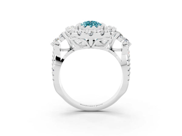 Platinum Pear Cut Blue Topaz Halo Ring with Pavé Band and Four-Prong Setting