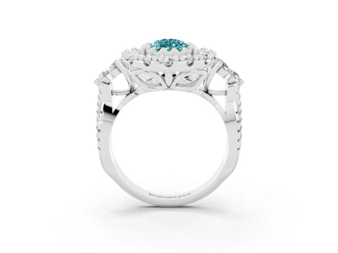 White gold Pear Cut Blue Topaz Halo Ring with Pavé Band and Four-Prong Setting_15
