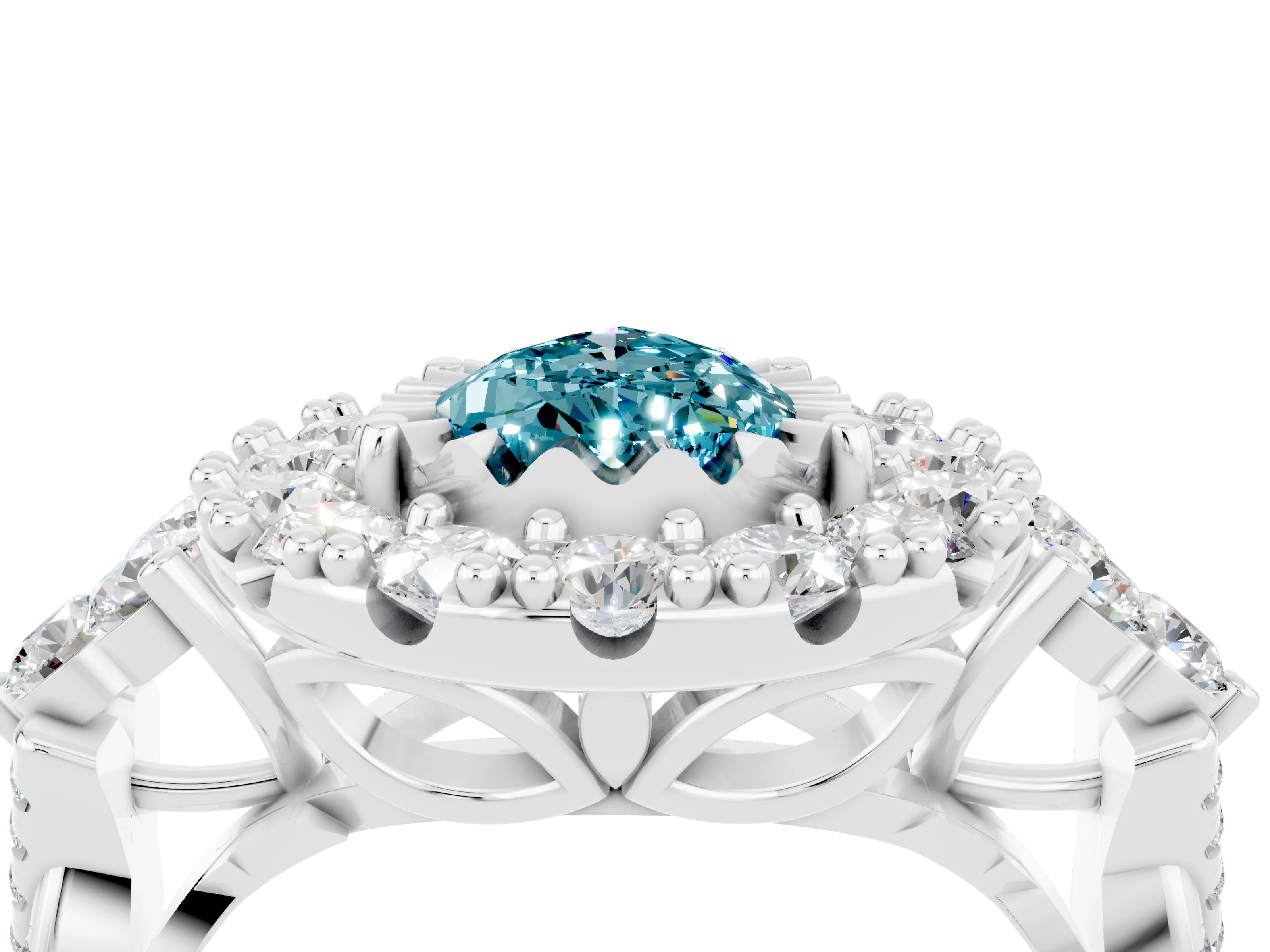 White gold Pear Cut Blue Topaz Halo Ring with Pavé Band and Four-Prong Setting_16