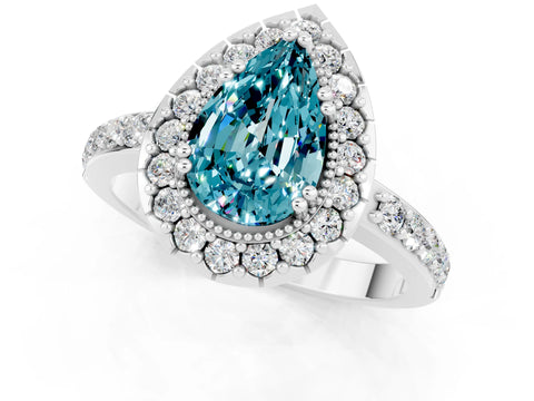 White gold Pear Cut Blue Topaz Halo Ring with Pavé Band and Prong Setting_1