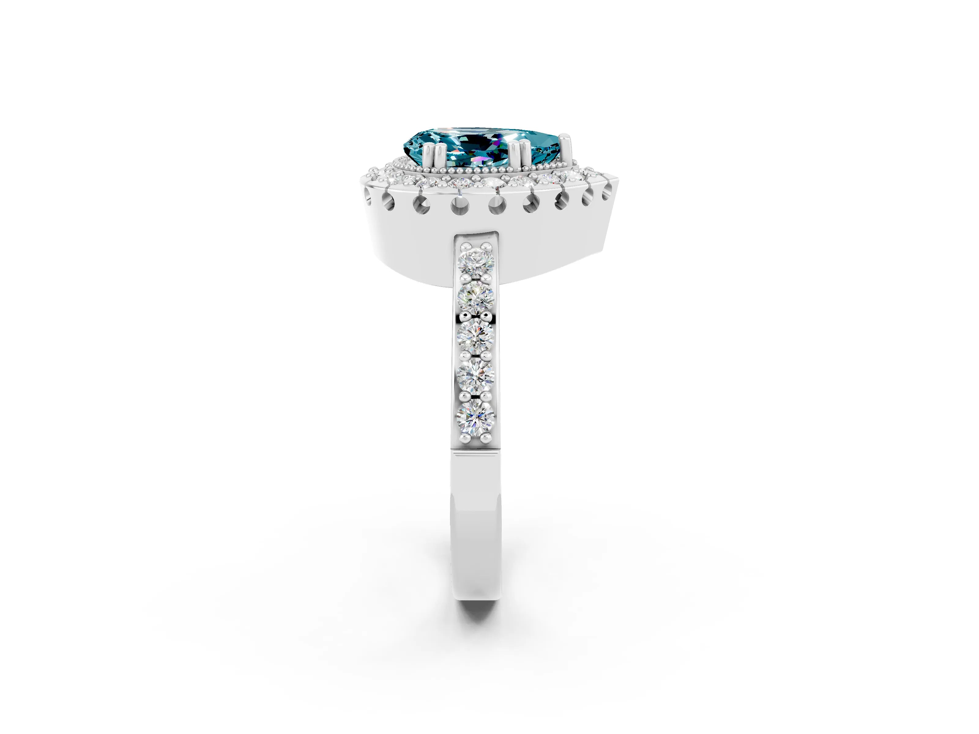 White gold Pear Cut Blue Topaz Halo Ring with Pavé Band and Prong Setting_2