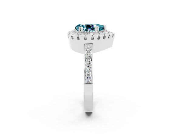 Platinum Pear Cut Blue Topaz Halo Ring with Pavé Band and Prong Setting