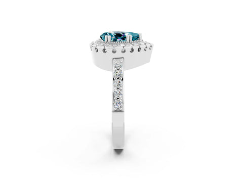 White gold Pear Cut Blue Topaz Halo Ring with Pavé Band and Prong Setting_2