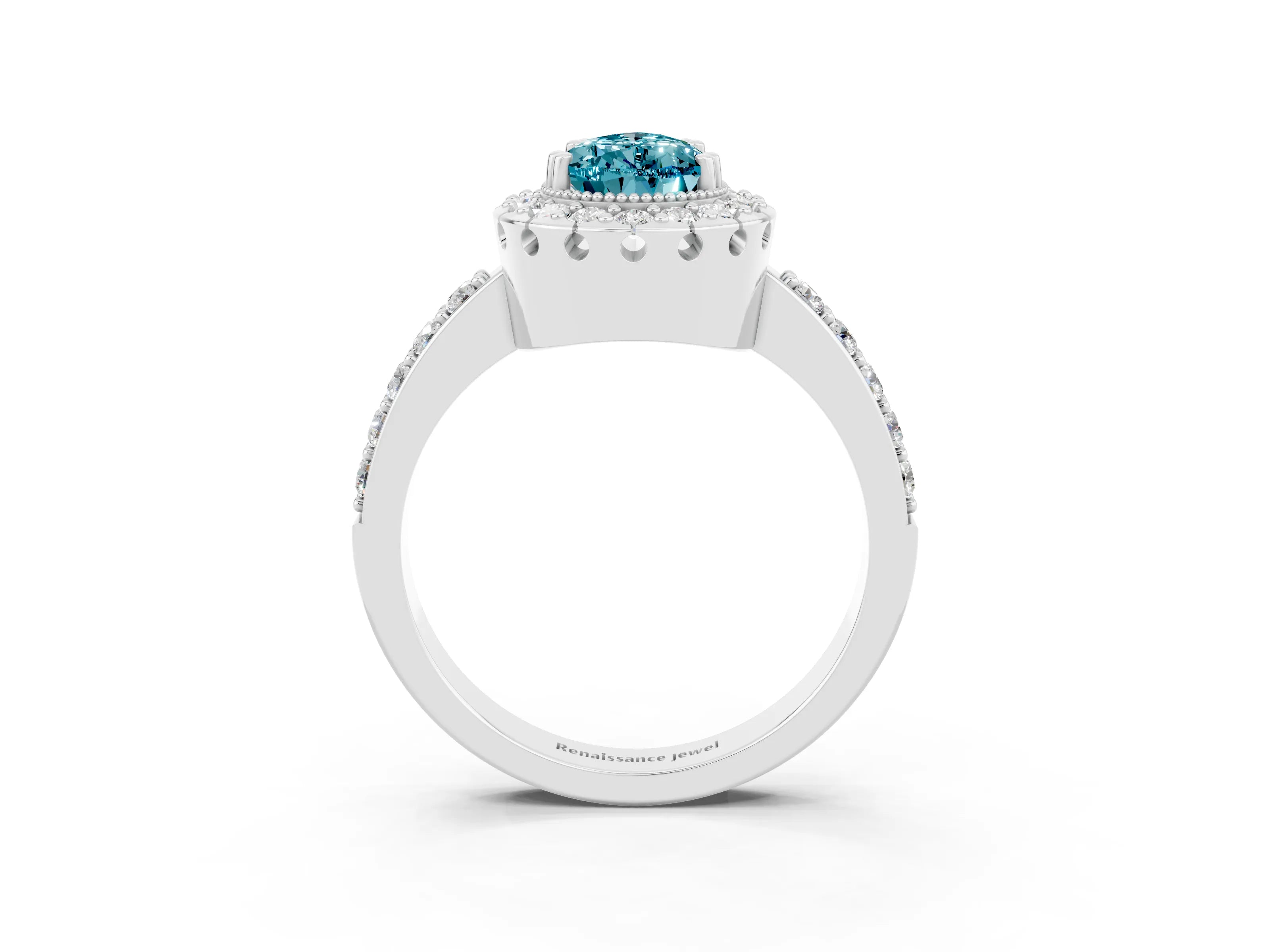 White gold Pear Cut Blue Topaz Halo Ring with Pavé Band and Prong Setting_3