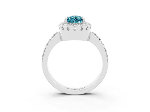 White gold Pear Cut Blue Topaz Halo Ring with Pavé Band and Prong Setting_3