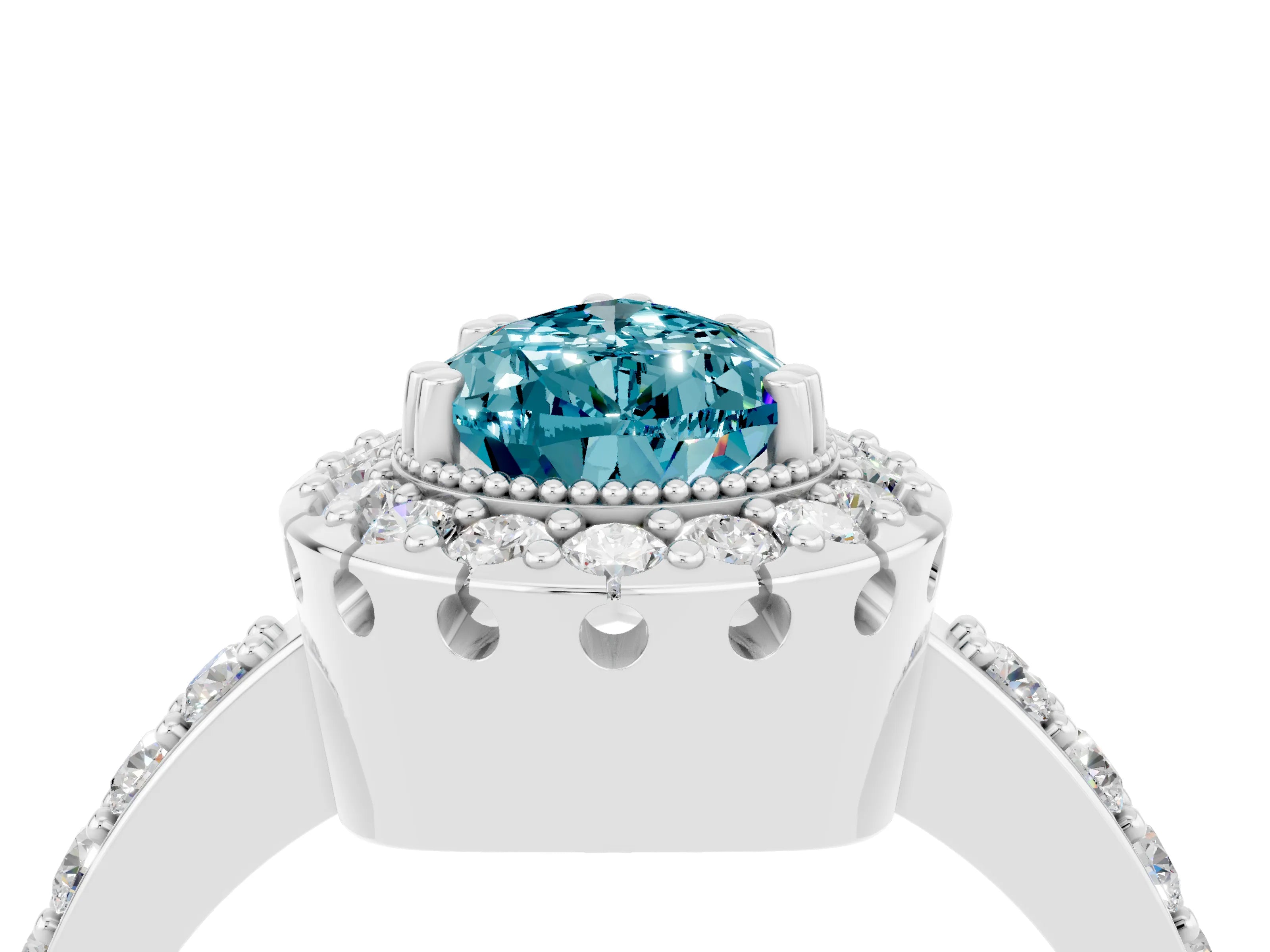 White gold Pear Cut Blue Topaz Halo Ring with Pavé Band and Prong Setting_4