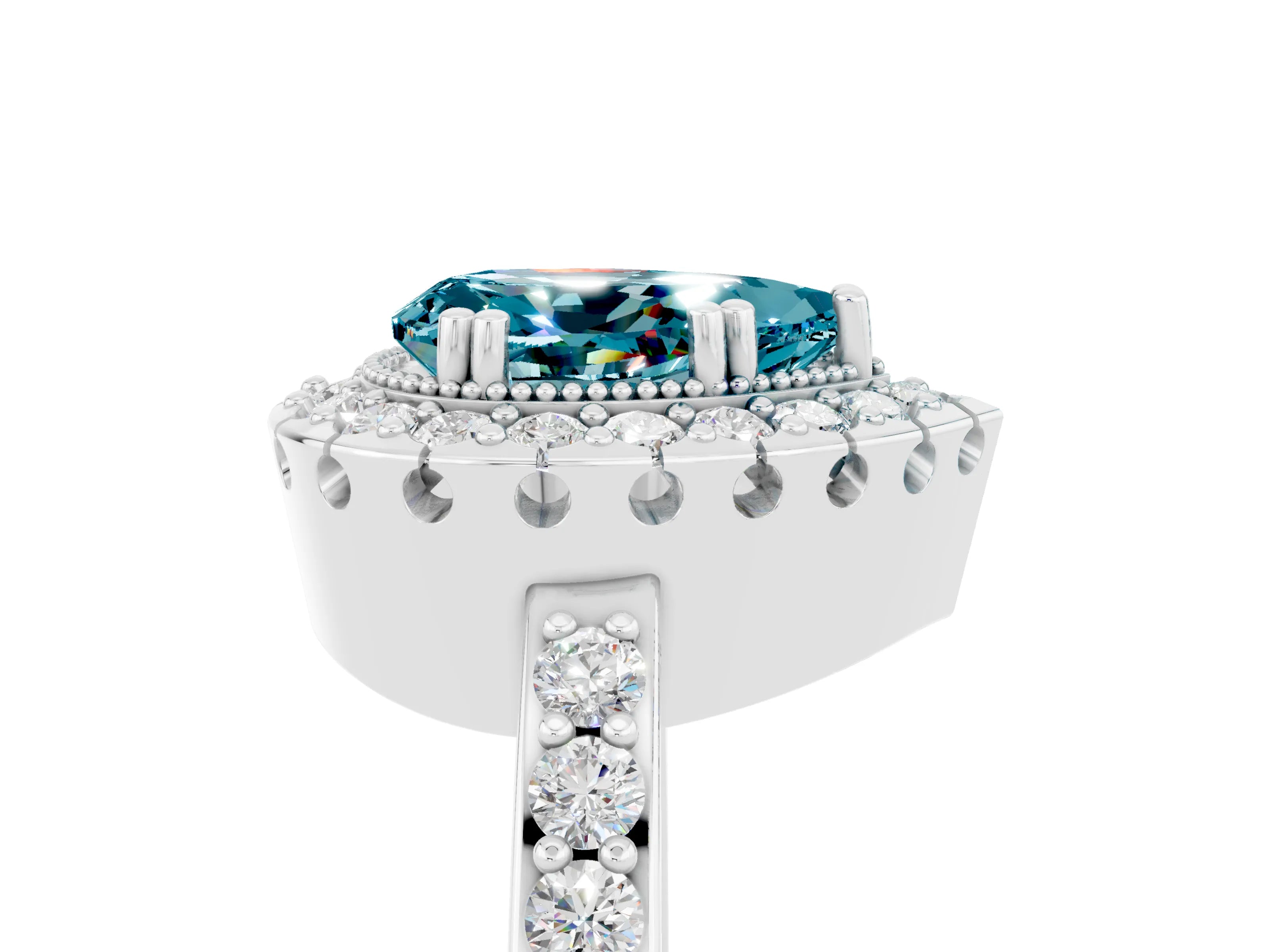 White gold Pear Cut Blue Topaz Halo Ring with Pavé Band and Prong Setting_5